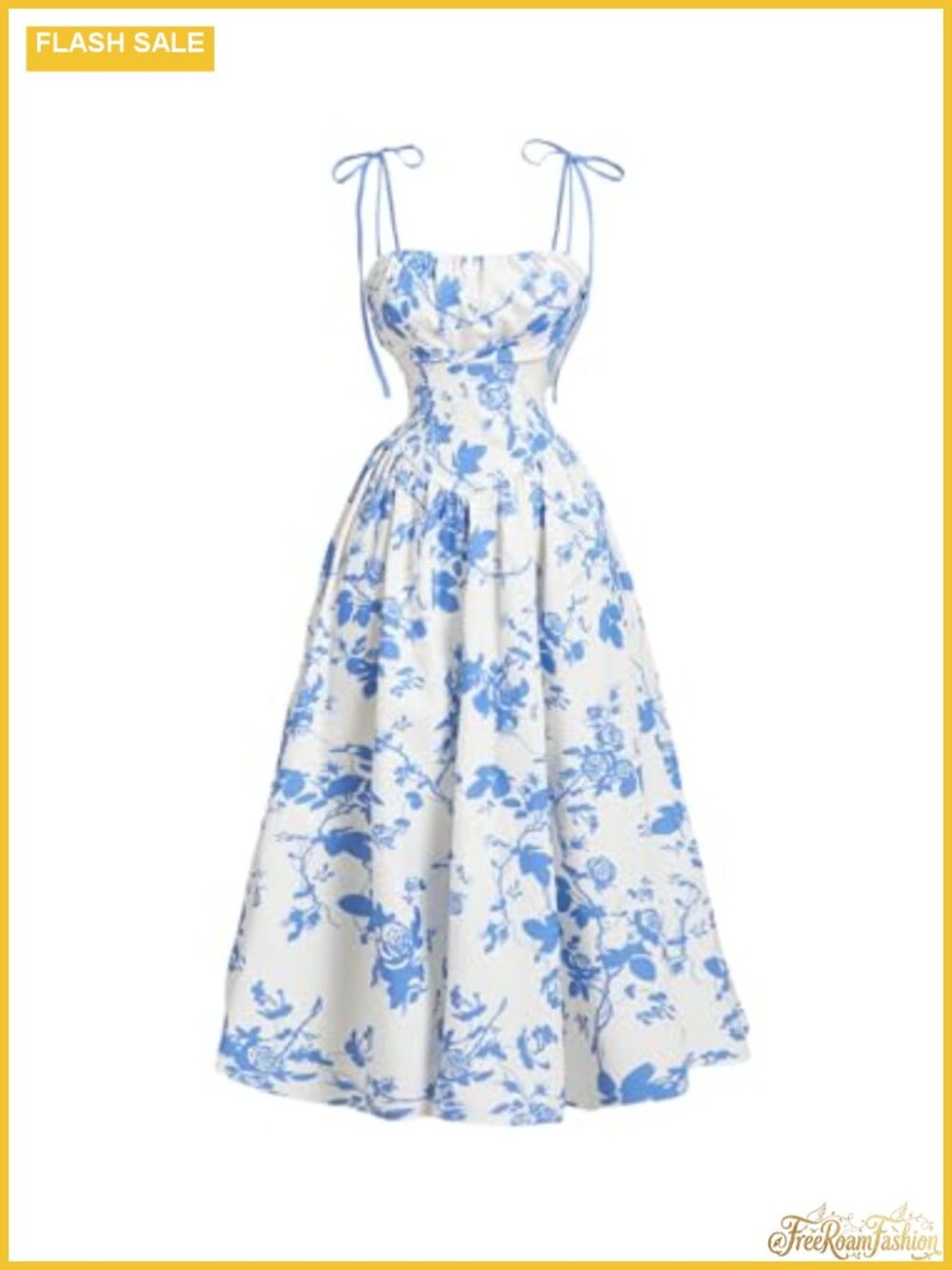 Floral Bustier Corset Dress Smocked Flowy Long Sundress Tie Shoulder